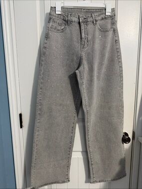 Sparkle Embellished Grey Wide-Leg Jeans Medium
